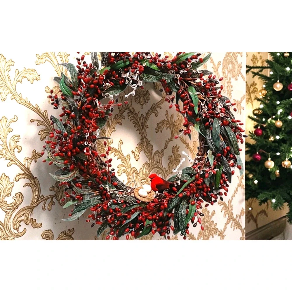 Winter Berries Door Wreath Realistic Red CARDINAL‎ Egg Nest Holiday Ice Crystals